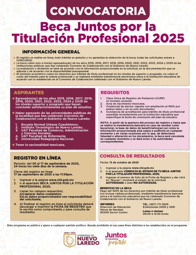 Lanza Gobierno de Nuevo Laredo convocatoria para la beca “Juntos por la Titulación Profesional 2025”