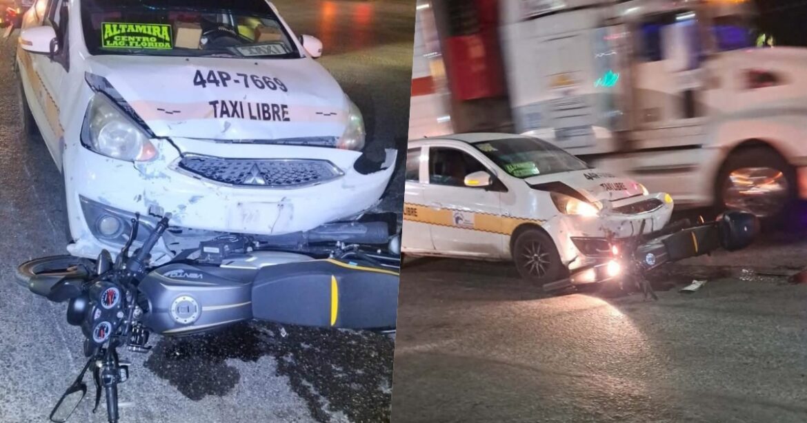 Motociclista ignora semáforo y es impactado por taxi en Altamira