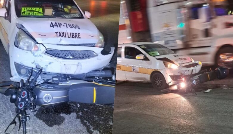 Motociclista ignora semáforo y es impactado por taxi en Altamira