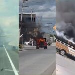 Alerta de seguridad en Matamoros: collage con humo negro en una carretera, un camión y un autobús incendiados durante bloqueos