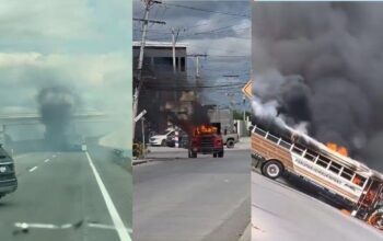 Alerta de seguridad en Matamoros: collage con humo negro en una carretera, un camión y un autobús incendiados durante bloqueos