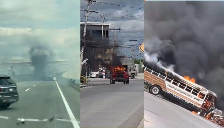 Alerta de seguridad en Matamoros: collage con humo negro en una carretera, un camión y un autobús incendiados durante bloqueos