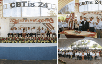 Collage del 63 aniversario del CBTis 24 de Ciudad Victoria con el secretario de Educación, el brindis y la foto grupal
