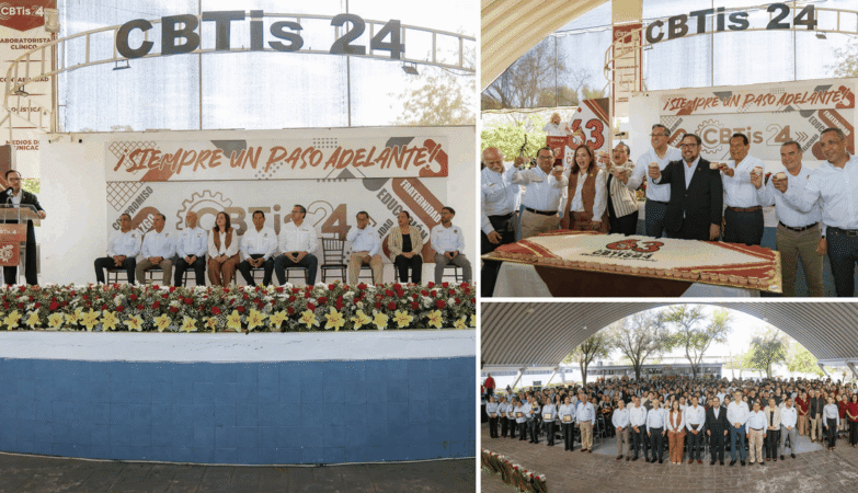 Collage del 63 aniversario del CBTis 24 de Ciudad Victoria con el secretario de Educación, el brindis y la foto grupal