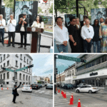Collage del Festival de Jazz Tampico con artistas y autoridades en la Plaza de Armas y agentes de Tránsito en el cierre de la calle Colón
