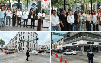 Collage del Festival de Jazz Tampico con artistas y autoridades en la Plaza de Armas y agentes de Tránsito en el cierre de la calle Colón