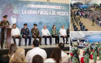 Ceremonia de clausura de la exposición “La Gran Fuerza de México” en el Recinto Ferial de Tampico, con mandos militares y autoridades en el presídium.